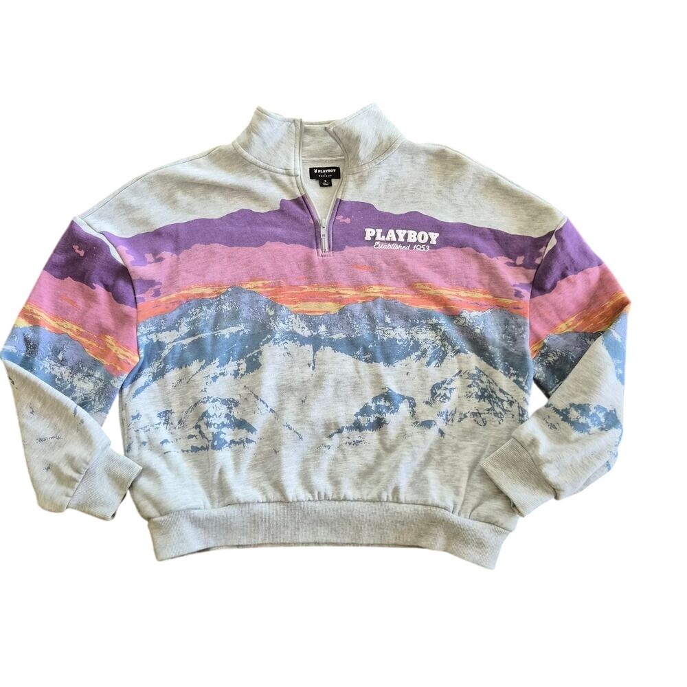 Playboy by PacSun Mountain Graphic Quarter Zip Sweatshirt Grey Purple Small